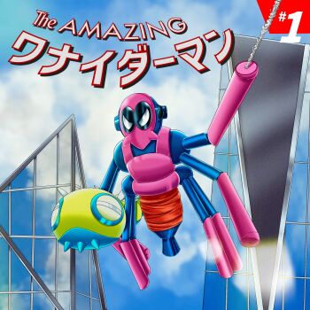 absurdres alternate_color blue_sky building cloud commentary_request day derivative_work dudunsparce dudunsparce_(three-segment) franky_shin full_body highres holding holding_pokemon lens_flare marvel mixed-language_commentary mixed-language_text narrowed_eyes nintendo no_humans outdoors parody pokemon pokemon_(creature) shiny_pokemon silk sky spider-man_(series) spidops translation_request