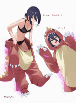 1girl absurdres black_bra black_choker black_hair black_panties blush bra breasts chainsaw_man choker cleavage closed_mouth commentary_request edgar_syu green_eyes highres hood hood_up long_hair medium_breasts medium_hair onesie open_mouth panties reze_(chainsaw_man) translation_request twintails underwear upper_body