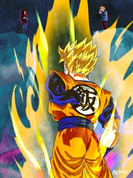 Rule 34 | 1girl, 2boys, amputee, android 17, android 18, artist name, aura, blonde hair, blue sash, blue shirt, commentary request, cowboy shot, dougi, dragon ball, dragonball z, from behind, highres, multiple boys, orange pants, orange shirt, pants, sash, shirt, short hair, solo focus, son gohan, son gohan (future), spiked hair, super saiyan, super saiyan 1, yamuchasiyagatte