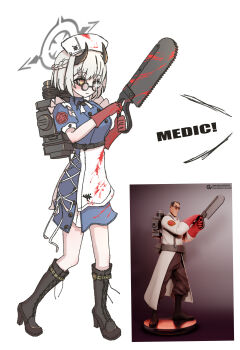 1girl ayo5108 blue_archive demon_horns glasses halo highres horns medic_(tf2) round_eyewear sena_(blue_archive) team_fortress_2 white_hair