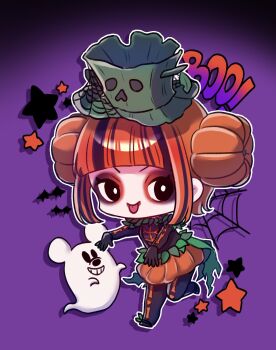 1girl absurdres aoiyuuna_811 character_request disneyland dress gloves halloween halloween_costume hat highres long_hair long_sleeves looking_at_viewer makeup open_mouth orange_eyes orange_hair shirt simple_background smile solo