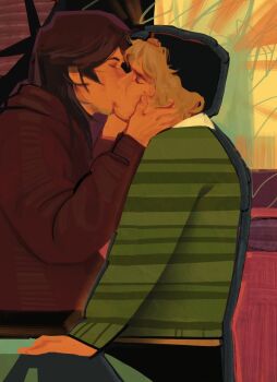2boys beanie black_hair blonde_hair closed_eyes commentary english_commentary gift_art hand_on_another&#039;s_chin hat highres hood hood_down hoodie kiss leaning_on_table markkrpg multiple_boys original red_hoodie striped_clothes striped_sweater sweater table upper_body yaoi