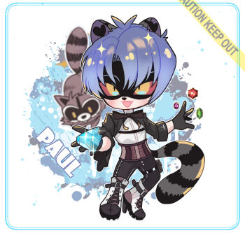 1boy animal_ears animal_tail_(mochimochipudding) bad_link black_boots black_gloves black_jacket black_pants blue_hair boots commentary_request cross dress gloves jacket kyo_(kyo5247386_kt) kyo_(kyo84472013) long_sleeves male_focus middle_part original pants parted_hair paul_(kyo) raccoon_ears raccoon_tail shirt short_hair simple_background smile solo tail white_shirt yellow_eyes