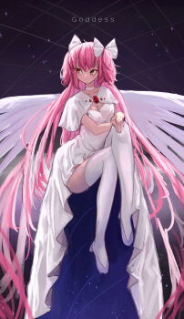 1girl absurdres angel_wings bow breasts brooch choker cleavage commentary dress english_text full_body gem hair_bow hand_on_own_knee high-low_dress highres jewelry kaname_madoka long_hair looking_to_the_side mahou_shoujo_madoka_magica mahou_shoujo_madoka_magica:_hangyaku_no_monogatari pink_hair red_gemstone sky solo space star_(sky) starry_sky thighhighs thighs ultimate_madoka vanilla_flan white_bow white_choker white_dress white_thighhighs white_wings wings