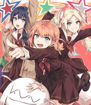 Rule 34 | 3girls, aqua eyes, arm up, black socks, blonde hair, blue eyes, blue hair, brown cardigan, brown dress, brown shoes, cardigan, commentary, dress, eggplant, hanamiya nina (style), hasu no sanrenka, hasu no sora school uniform, highres, hinoshita kaho, leg up, link! like! love live!, loafers, long hair, long sleeves, looking at viewer, love live!, multiple girls, murano sayaka, nasu-san (love live!), neckerchief, open cardigan, open clothes, open mouth, orange hair, osawa rurino, pointing, pointing up, red neckerchief, revision, sailor collar, school uniform, shoes, short hair, sidelocks, smile, socks, star (symbol), twintails, upper body, virtual youtuber, white sailor collar, winter uniform, yukitake (bullfalk)