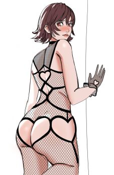1girl ass ass_cutout blush bodystocking brown_eyes brown_hair butt_crack clothing_cutout final_fantasy final_fantasy_xv fishnet_bodystocking fishnets functionally_nude gloves gluteal_fold heart_cutout highres iris_amicitia looking_at_viewer looking_back short_hair simple_background solo sunbeam_(artist)