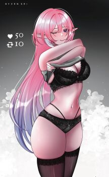 1girl artist_name black_bra black_panties black_thighhighs blue_hair bra breasts cleavage clothes_lift commentary cyrene_(honkai:_star_rail) cyrene_(ripples_of_past_reverie)_(honkai:_star_rail) dress dress_lift english_commentary ern_kri grey_background highres honkai:_star_rail honkai_(series) large_breasts lifting_own_clothes like_and_retweet long_hair midriff multicolored_hair navel panties pink_hair pointy_ears purple_eyes smile solo thighhighs thighs two-tone_hair underwear very_long_hair