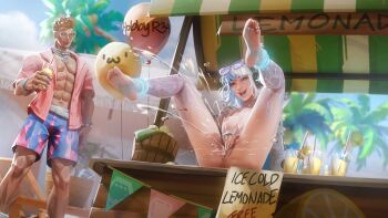 1boy 1girl abs absurdres balloon basket blonde_hair blue_sky breasts chair cloud cup d-ko drink drinking_glass english_text eyewear_on_head fantastic_four feet female_ejaculation female_masturbation food food_print fruit fruit_print heterochromia highres hobbyr34 jewelry johnny_storm johnny_storm_(sunny_sizzler) kenjjoonsfw lemon lemon_print lemonade long_hair lounge_chair luna_snow luna_snow_(cool_summer) marvel marvel_rivals masturbation multicolored_hair muscular muscular_male necklace nipples nude palm_tree public_indecency public_masturbation pussy pussy_juice shirt sky split-color_hair spread_legs sunglasses tinted_eyewear toes towel tree voyeurism