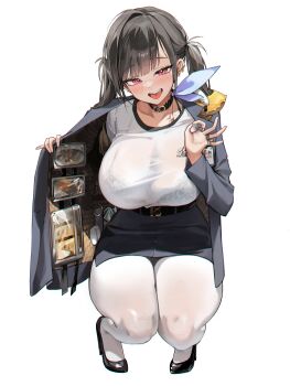 1girl :d absurdres belt black_belt black_choker black_hair black_shoes blue_jacket blue_skirt blush breasts choker full_body gakincho02 goddess_of_victory:_nikke highres id_card jacket large_breasts long_hair mole mole_under_eye ok_sign open_clothes open_jacket open_mouth pantyhose pencil_skirt red_eyes shoes simple_background skirt smile solo sora_(nikke) squatting twintails white_background white_pantyhose