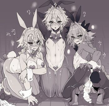 Rule 34 | 1girl, 2boys, alternate breast size (larger), anal, anilingus, animal ears, arms behind head, ass, astolfo (fate), bar censor, blush, bow, bowtie, braid, breasts, censored, commentary request, covered erect nipples, erection, fake animal ears, fate/apocrypha, fate/zero, fate (series), greyscale, haoro, headpiece, heart, heart-shaped pupils, heart pasties, hetero, high heels, highres, jeanne d'arc (fate), kneeling, large breasts, long braid, long hair, looking at viewer, male playboy bunny, monochrome, multiple boys, navel, nipples, open mouth, pantyhose, pasties, penis, playboy bunny, reverse bunnysuit, reverse outfit, sieg (fate), single braid, sweat, symbol-shaped pupils, testicles, trap, wrist cuffs