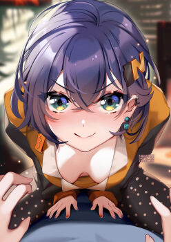 >:) 1boy 1girl belle_(zenless_zone_zero) blue_hair breasts brother_and_sister downblouse foreshortening good_morning_my_brother_(meme) green_eyes hair_ornament hanging_breasts highres incest leaning_forward looking_at_viewer no_bra orange_nails pov scene_reference short_hair siblings small_breasts squchan thighs tokidoki_bosotto_roshia-go_de_dereru_tonari_no_alya-san v-shaped_eyebrows wise_(zenless_zone_zero) zenless_zone_zero