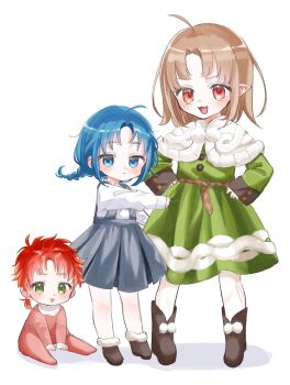 ahoge ars_greyrat blue_eyes blue_hair blush boots braid brother_and_sister brown_hair capelet dress elf fur_trim green_dress green_eyes highres lara_greyrat looking_at_viewer lucy_greyrat mushoku_tensei onesie pinafore_dress pointy_ears red_eyes red_hair siblings sisters sleeveless sleeveless_dress smile spica59 toddler tongue tongue_out white_background white_capelet