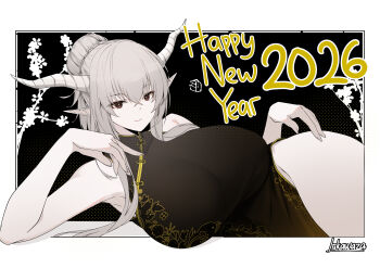 1girl 2026 absurdres arknights breasts brown_eyes china_dress chinese_clothes commentary dress english_commentary english_text hair_bun hand_up highres horns huge_breasts irkawaza long_hair long_pointy_ears looking_at_viewer lying new_year on_side pale_skin pointy_ears shining_(arknights) signature solo very_long_hair white_hair wide_hips