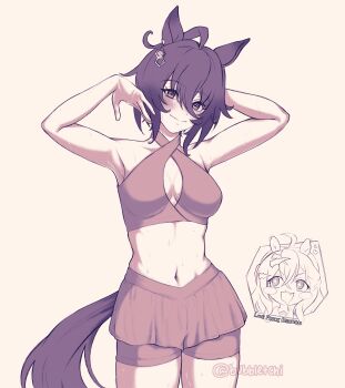 2girls agnes_tachyon_(umamusume) ahoge animal_ears ari_bubbletchi arms_up blush bra breasts earrings hair_ornament hairclip highres jewelry jungle_pocket_(umamusume) looking_at_viewer medium_breasts medium_hair midriff monochrome multiple_girls sepia shorts simple_background smile solo sweat tail twitter_username umamusume underwear