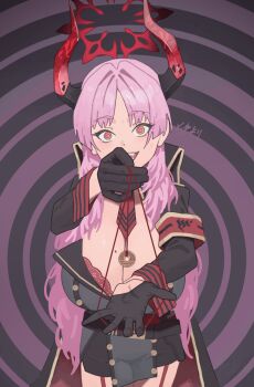 1girl @_@ armband black_gloves blue_archive breasts coin coin_on_string commentary gloves highres holding holding_pendulum holed_coin horns hypnotizing_viewer looking_at_viewer mole mole_on_breast multicolored_horns necktie niwatori5948 open_mouth pendulum pink_hair satsuki_(blue_archive) smile solo spiral_background sweat two-tone_background two-tone_horns