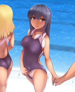 1futa 1girl abubu ass black_eyes black_hair blonde_hair blue_hair blush breasts bulge clothes_pull clothing_aside competition_swimsuit flashing futanari highres holding_hands long_hair medium_breasts one-piece_swimsuit one-piece_swimsuit_pull original penis pool poolside short_hair swimsuit swimsuit_aside tan tanline water