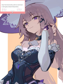 1girl alt_text bare_shoulders black_choker black_dress blush breasts choker commentary detached_sleeves distr dress english_commentary fan_request grey_hair hair_flip hand_up hat herta_(honkai:_star_rail) highres honkai:_star_rail honkai_(series) jewelry key key_necklace long_hair looking_at_viewer marshmallow_(site) necklace purple_eyes small_breasts smug solo strapless strapless_dress the_herta_(honkai:_star_rail) upper_body witch_hat