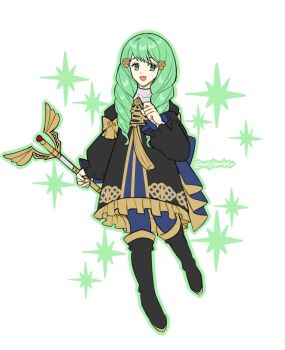 1girl black_boots black_dress blue_pantyhose boots breasts caduceus_staff_(fire_emblem) dress drill_hair fire_emblem fire_emblem:_three_houses flayn_(fire_emblem) garreg_mach_monastery_uniform green_eyes green_hair hair_ornament highres holding holding_staff long_hair long_sleeves looking_at_viewer maji_(majibomber) nintendo open_mouth pantyhose smile solo staff twin_drills