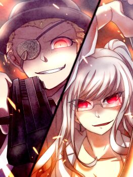 1boy 1girl black_hat blonde_hair collarbone commentary_request danganronpa_(series) danganronpa_3_(anime) dark_persona embers eyepatch freckles glasses grey_hair grin gun hat highres holding holding_gun holding_weapon kuzuryu_fuyuhiko long_hair open_mouth pekoyama_peko red_eyes short_hair smile split_screen spoilers teeth very_short_hair weapon zi_huahuo