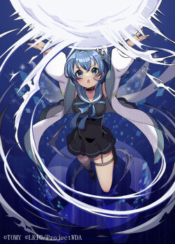 1girl black_dress blue_eyes blue_hair blue_sailor_collar copyright_notice dress highres jacket kei_s01 looking_at_viewer medium_hair official_art open_mouth piruluk sailor_collar solo thigh_strap water white_jacket wixoss