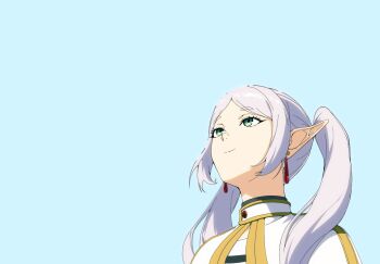 1girl amazingbababa blue_background frieren green_eyes grey_hair hair_over_shoulder highres long_pointy_ears looking_up negative_space parted_bangs pointy_ears simple_background smile solo sousou_no_frieren twintails upper_body