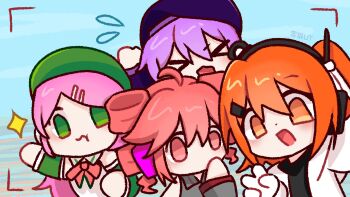 4girls a.i._voice adachi_rei beret black_sweater coat detached_sleeves dress gloves green_dress green_eyes hat highres kasane_teto kasane_teto_(utau) momone_momo multiple_girls orange_eyes orange_hair pink_hair purple_hair red_eyes red_hair sweater utane_uta utau white_gloves xuelangut114