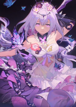 1girl bare_shoulders black_tiara breasts bug butterfly castorice_(honkai:_star_rail) closed_mouth dress flower gloves hair_flower hair_ornament honkai:_star_rail honkai_(series) insect large_breasts long_hair looking_at_viewer mimi_n pointy_ears purple_eyes purple_gloves purple_hair solo tiara very_long_hair white_dress
