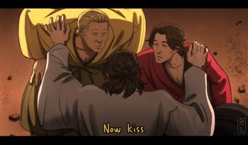 Rule 34 | 3boys, akiyama shun, black hair, blonde hair, brown hair, fate/grand order, fate (series), goda ryuji, hakama, half updo, highres, imminent kiss, japanese clothes, katsura kogorou (ishin), kimono, kiryu kazuma, male focus, multiple boys, ryuu ga gotoku (series), ryuu ga gotoku ishin!, saigou kichinosuke (ishin), sakamoto ryouma (ishin), sideburns, surprised, teppn (gattobamboom), yaoi