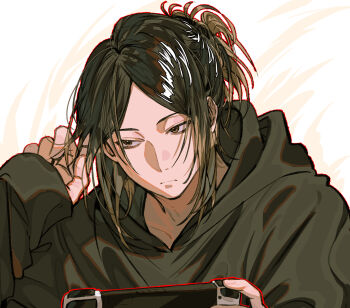 Rule 34 | 1boy, black hair, black hoodie, brown hair, closed mouth, commentary request, controller, game controller, haikyuu!!, hand in own hair, highres, holding, holding controller, holding game controller, hood, hood down, hoodie, ikaooi1, kozume kenma, male focus, multicolored hair, outline, red outline, short hair, simple background, solo, two-tone hair