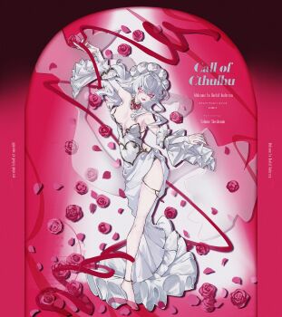 1girl absurdres anklet arm_up backless_dress backless_outfit barefoot breasts breasts_apart call_of_cthulhu character_name chibi collar colored_eyelashes copyright_name detached_sleeves dress falling_flower falling_petals flower frilled_collar frilled_dress frilled_sleeves frills full_body gem hair_between_eyes hair_flower hair_ornament highres holding holding_ribbon jewelry large_breasts lipstick long_dress long_hair long_sleeves looking_at_viewer looking_to_the_side makeup mermaid_dress nail_polish outstretched_arms parted_lips peckii_cookie petals pink_background pink_collar pink_eyes pink_flower pink_gemstone pink_lips pink_nails pink_petals pink_rose plunging_neckline red_ribbon ribbon rose rose_petals side_slit single_bare_leg solo spread_arms standing strapless strapless_dress thighlet toenail_polish toenails white_dress white_flower white_rose white_sleeves