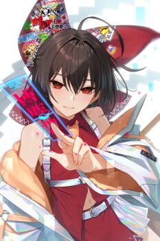 1girl ace_attorney adapted_costume ahoge among_us animal_crossing armpit_peek bare_shoulders belt bow brand_name_imitation brown_hair canadian_flag clownpiece clownpiece_(cosplay) commentary_request cosplay crewmate_(among_us) emoji greenkohgen grin hair_bow hakurei_reimu highres holding i_heart... ibuki_suika ibuki_suika_(cosplay) jacket jojo_no_kimyou_na_bouken kirisame_marisa kirisame_marisa_(cosplay) logo_parody long_sleeves moriya_suwako mozilla_(character) mozilla_firefox navel nintendo objection off_shoulder ofuda oni pikmin_(series) pleading_face_emoji red_bow red_eyes red_shirt red_skirt rock_pikmin sega shirt simple_background skirt smile solo suika_game to_be_continued touhou white_background white_belt white_jacket yakumo_ran