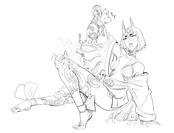 1girl angry breasts fate/grand_order fate_(series) highres japanese_clothes kimono monochrome oni pet pulodo_0017 shuten_douji_(fate)