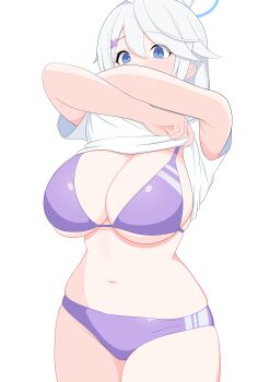 1girl absurdres alternate_breast_size_(larger) arms_up bikini blue_archive blue_eyes blue_halo breasts cleavage clothes_lift commentary_request covered_mouth groin hair_between_eyes hair_ornament halo highres kirino_(blue_archive) kirino_(swimsuit)_(blue_archive) large_breasts lifting_own_clothes long_hair looking_ahead makkura! navel official_alternate_costume paid_reward_available partial_commentary purple_bikini shirt shirt_lift sideboob simple_background solo standing stomach swimsuit thighs underboob white_background white_hair white_shirt x_hair_ornament
