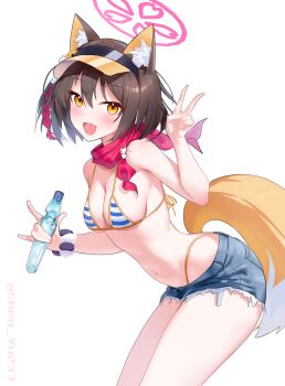 1girl absurdres animal_ear_fluff animal_ears bare_shoulders bikini blue_archive blush breasts brown_hair cleavage commentary cowboy_shot denim denim_shorts fang fox_ears fox_tail highres izuna_(blue_archive) izuna_(swimsuit)_(blue_archive) leaning_forward looking_at_viewer looking_to_the_side medium_breasts micro_shorts official_alternate_costume open_mouth panty_straps ramune red_scarf scarf shinba233 short_hair shorts simple_background skin_fang smile solo striped_bikini striped_clothes swimsuit tail torn_clothes torn_shorts twitter_username v visor_cap white_background yellow_eyes