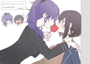 Rule 34 | 2girls, asahina mafuyu, black jacket, blazer, blue jacket, blush, brown eyes, brown hair, brown sweater, candy apple, collared shirt, commentary, food, hand on another's shoulder, highres, ioo chan, jacket, long hair, multiple girls, ponytail, project sekai, purple eyes, purple hair, request inset, shinonome ena, shirt, short hair, simple background, sweat, sweater, symbol-only commentary, tongue, tongue out, translation request, white background, yellow shirt, yuri
