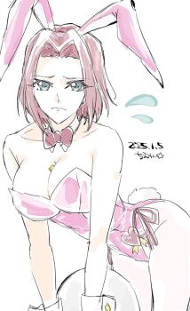 1girl 2025 animal_ear_hairband animal_ears artist_name between_breasts blue_eyes bow bowtie breasts cleavage code_geass dated detached_collar fake_animal_ears female_focus flying_sweatdrops hair_intakes hairband highleg highleg_leotard highres kouzuki_kallen large_breasts leaning_forward leotard lighter pantyhose pink_leotard playboy_bunny rabbit_ears rabbit_tail red_bow red_bowtie red_hair short_hair side-tie_leotard solo strapless strapless_leotard tail tray wrist_cuffs yanada_kiyorin