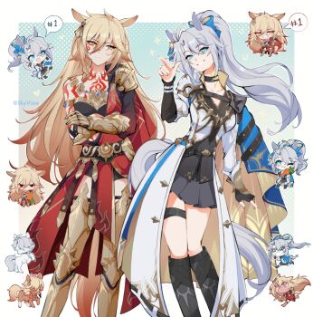 Rule 34 | 2girls, adapted costume, animal ears, arm tattoo, armor, armored boots, black boots, black choker, black skirt, blonde hair, blue eyes, boots, border, breasts, carrot, chest tattoo, chibi, chibi inset, choker, cleavage, coat, commentary, crossed arms, english commentary, facial tattoo, feet out of frame, frown, gauntlets, genderswap, genderswap (mtf), gold armor, gradient background, grin, hair between eyes, hair ribbon, hand up, honkai: star rail, honkai (series), horse ears, horse girl, horse tail, jewelry, kemonomimi mode, knee boots, long hair, medium breasts, multiple girls, mydei (honkai: star rail), neck tattoo, necklace, pauldrons, phainon (honkai: star rail), ponytail, red tattoo, ribbon, shoulder armor, simple background, single pauldron, skirt, skyvixie, smile, speech bubble, sun symbol, sun tattoo, tail, tan, tattoo, thigh strap, twitter username, very long hair, white border, white coat, white hair, yellow eyes, yellow pupils