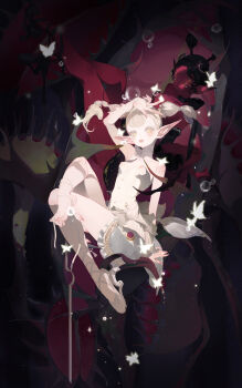 2girls absurdres barefoot bug butterfly colored_skin commentary_request extra_eyes feet freckles highres insect jewelry long_hair long_pointy_ears multiple_girls nipples original plant pointy_ears red_skin toe_ring toes venus_flytrap youtuanzi