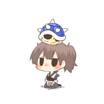 Rule 34 | 10s, 1girl, black eyes, blush, brown hair, chibi, female focus, kaga (kancolle), kantai collection, lowres, mario (series), mario kart, mario kart 64, nintendo, object on head, rebecca (keinelove), seiza, shell, short hair, side ponytail, sitting, solid circle eyes, solo, spikes
