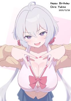 1girl absurdres ahoge black_skirt breasts cleavage commentary_request gmkz_kawaii happy_birthday highres large_breasts long_hair open_mouth pleated_skirt purple_eyes senki_zesshou_symphogear shirt skirt smile solo twintails v white_hair white_shirt yukine_chris