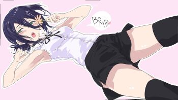 1girl armpits black_choker black_hair black_ribbon black_shorts black_thighhighs blush chainsaw_man choker collared_shirt commentary_request english_text flower gradient_background green_eyes grenade_pin hair_between_eyes hair_bun hands_up holding holding_flower kawagishi_keitarou long_hair_between_eyes medium_hair neck_ribbon open_mouth pink_background reze_(chainsaw_man) ribbon shirt shorts sleeveless sleeveless_shirt solo speech_bubble thighhighs thighs white_shirt