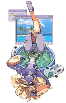 1girl absurdres android bikini blonde_hair english_text full_body highres lying mechabare microsoft_windows on_back original pool purple_bikini robot_girl solo summer swimsuit upside-down wanderlight-witch window_(computing) windows_95 windows_classic