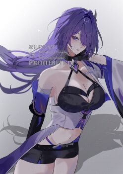 1girl acheron_(honkai:_star_rail) artist_name bandages breasts choker cleavage cowboy_shot crop_top detached_sleeves hair_over_one_eye highres honkai:_star_rail honkai_(series) large_breasts long_hair midriff navel nukoxx_02 open_clothes purple_eyes purple_hair shorts single_detached_sleeve strap tailcoat very_long_hair watermark