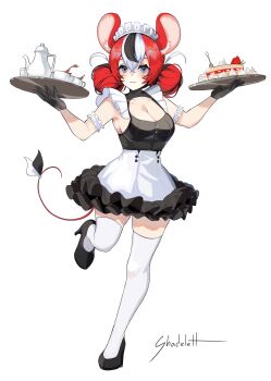 1girl :3 alternate_costume animal_ear_fluff animal_ears arm_garter artist_name black_dress black_gloves black_hair black_streaks blue_eyes bow breasts cake cleavage cleavage_cutout clothing_cutout commentary cup double-parted_bangs double_bun dress food frilled_dress frills fruit gloves hair_between_eyes hair_bun hakos_baelz high_heels highres holding holding_tray hololive hololive_english maid maid_headdress medium_breasts mouse_ears mouse_tail multicolored_hair red_hair shadelett standing standing_on_one_leg strawberry tail tail_bow tail_ornament teapot thighhighs thighs tray unconventional_maid virtual_youtuber white_background white_hair zettai_ryouiki