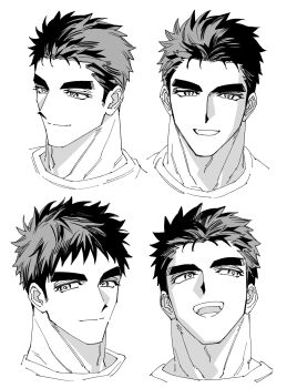 1boy bara black_hair blue_eyes domo_(domo_kizusuki) forehead greyscale highres kokado_shido_(domo) male_focus monochrome multiple_views muscular muscular_male open_mouth original portrait short_hair sideburns simple_background smile teeth
