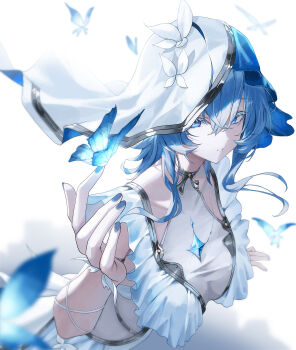 1girl blue_eyes blue_hair blue_nails blue_veil breasts bug butterfly butterfly_on_hand commentary dress fingernails hair_between_eyes hand_up highres insect long_hair looking_at_viewer medium_breasts moda_(mo_da_3) nail_polish parted_lips shorekeeper_(wuthering_waves) sleeveless sleeveless_dress solo two-tone_veil upper_body veil white_dress white_veil wuthering_waves