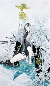 1girl absurdly_long_hair absurdres arms_up artist_name bare_legs barefoot bird black_hair black_shorts cherry_blossoms colored_skin commentary_request crown full_body hair_over_one_eye highres holding holding_crown japanese_clothes kimono long_hair original print_kimono shiguretau shorts signature simple_background solo squatting traditional_media very_long_hair water white_skin wide_sleeves