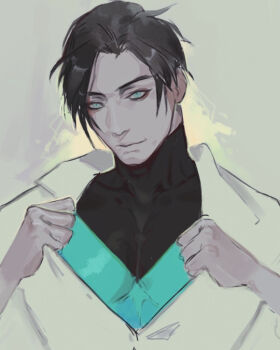 1boy batman_(series) blue_eyes dc_comics dick_grayson male_focus nightwing open_collar simple_background solo undressing