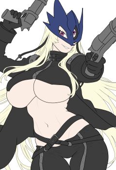 1girl absurdres arms_up beelstarmon belt black_belt black_coat black_gloves black_pants black_vest blonde_hair blue_mask bpm05 breasts coat commentary cowboy_shot cropped_vest digimon digimon_(creature) eye_mask gloves groin gun highres holding holding_gun holding_weapon large_breasts leather leather_pants long_hair long_sleeves looking_at_viewer mask navel open_clothes open_coat pants parted_lips purple_eyes sidelocks simple_background smile solo standing stomach third_eye tight_clothes tight_pants underboob vest weapon white_background zipper
