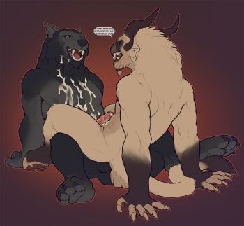 2016 2boys afterglow anal animal_hands black_sclera charr_(guild_wars) claws colored_sclera cum cum_on_body cum_on_chest cum_on_self english_text erection facial facing_viewer feet from_behind furry gradient_background guild_wars_(series) highres horns long_fangs looking_at_another male_penetrated multiple_boys muscular mythological_creature nipples nude on_lap open_mouth pectorals penis reclining red_background sex sharp_teeth simple_background slovenly snowskau speech_bubble tail teeth testicles toe_claws toes warcraft werewolf wolf worgen world_of_warcraft yaoi yellow_eyes